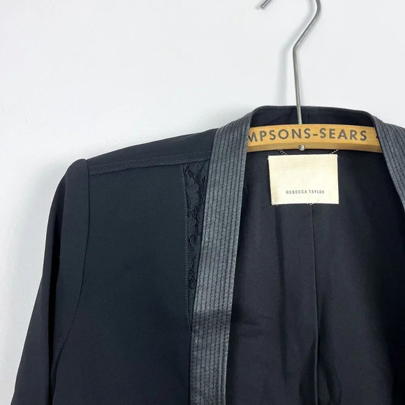 Rebecca Taylor  Womens Small Faux Leather Trim Cropped Peplum Blazer Black - Picture 7 of 7